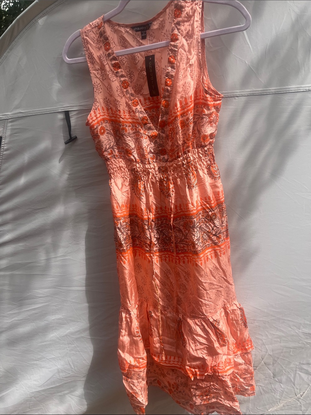 100% Silk Sleeveless Peach-Orange V-Neck Midi Dress with Smocked Waist